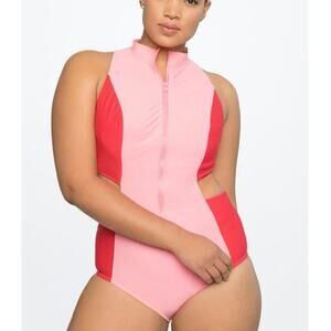 ELOQUII Colorblock One Piece Swimsuit with Cutouts in red and pink size 18w